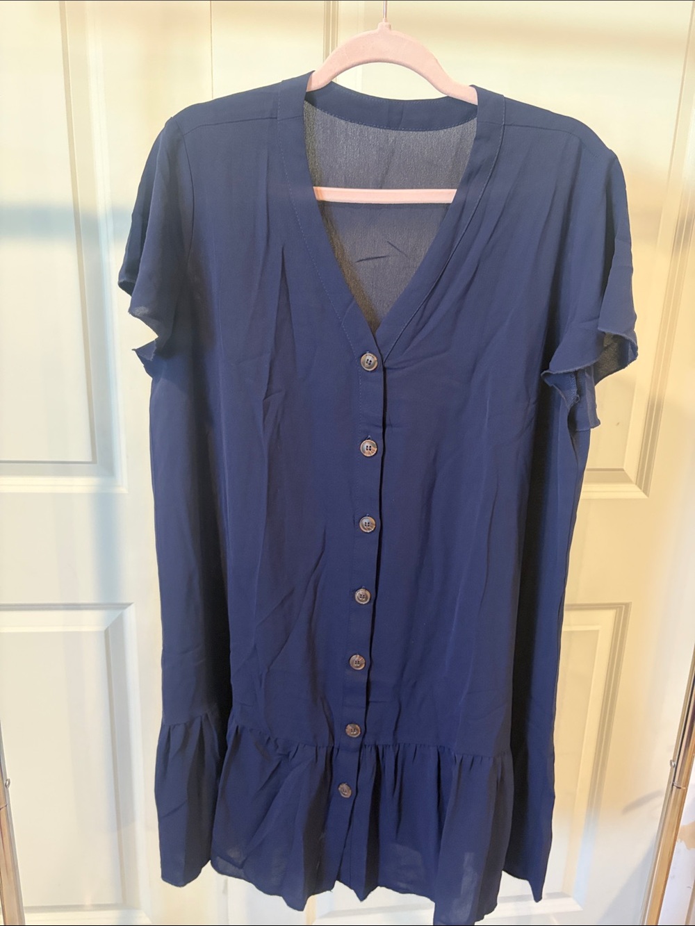 Navy Button-Front Ruffle Hem Dress